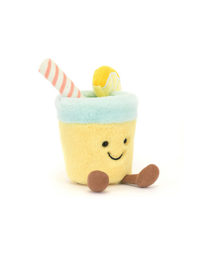 Jellycat Amuseables Lemonade is a cute plush shaped like a yellow cup with a blue rim, smiling face, brown legs, striped straw, and a yellow ball on top—bringing zingy sweetness to every cuddle!.