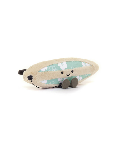 The Jellycat Amuseables Sports Surfboard is a plush toy with a light brown border, blue and white floral pattern, smiling face, and gray felt feet—an adorable beach accessory for playful fun.