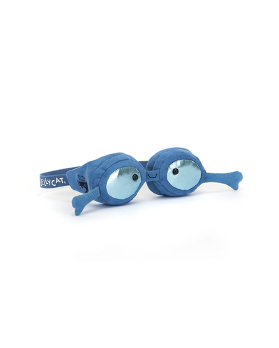 Jellycat Amuseables Sports Swimming Goggles: blue plush toy goggles with shiny fish-like eyes, small side fins, and “Jellycat” on the strap—perfect for poolside confidence and Amuseables Sports fun.