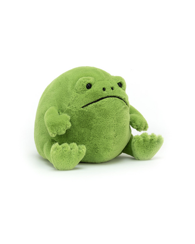 Jellycat Ricky Rain Frog is a round, huggable green plush with small black eyes, short limbs, and a simple stitched mouth. It sits on a white background with a cute, slightly grumpy expression.