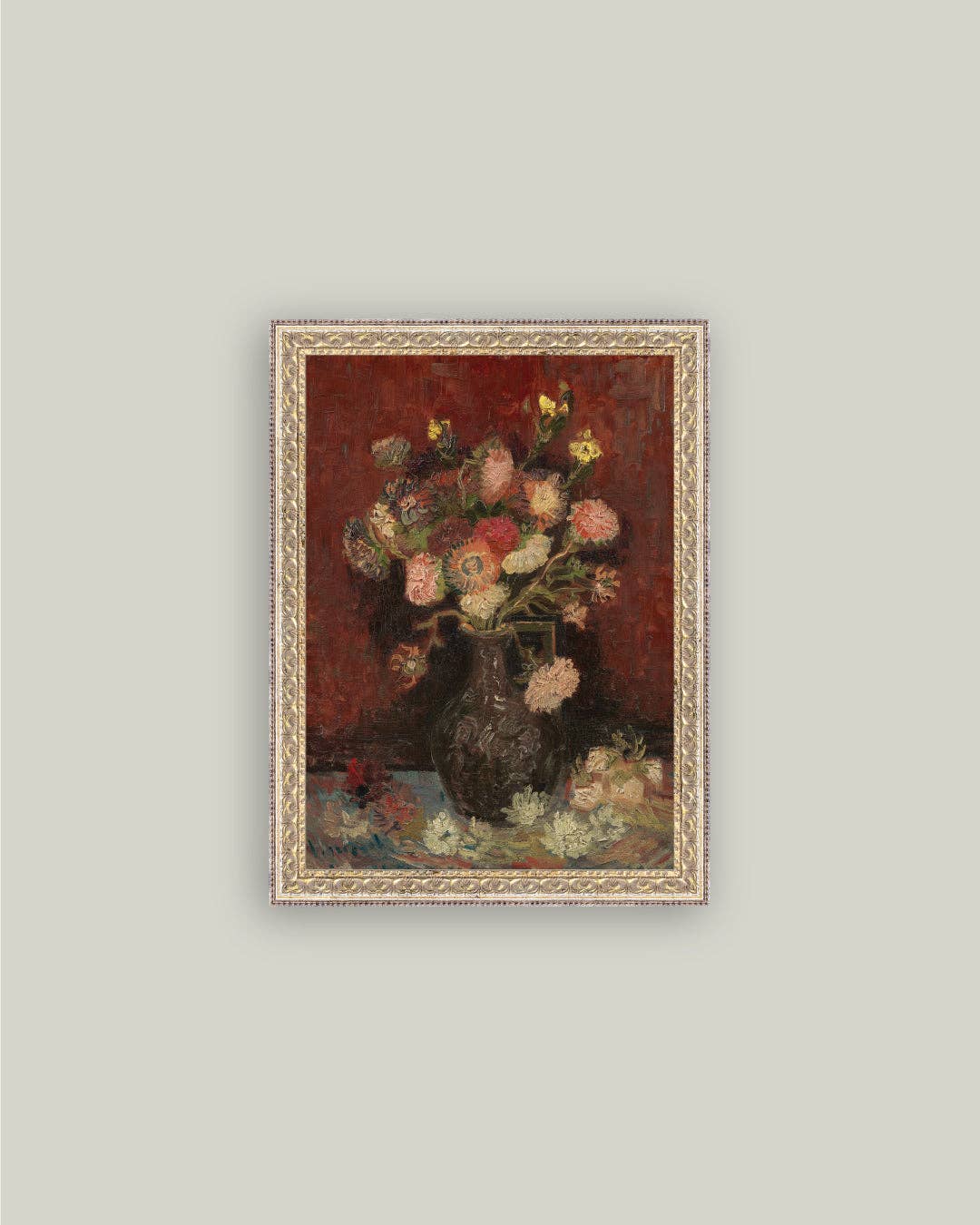 Chinese Asters and Gladioli Framed Antique Art - 5x7