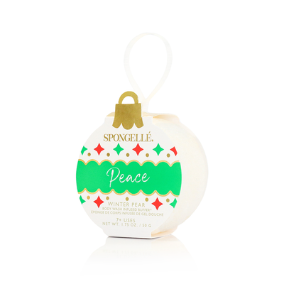 Introducing the Spongelle Holiday Ornament - Peace: Festive ornament-shaped packaging with a refreshing winter pear scent, ideal for holiday decorations. It showcases a vibrant red and green decorative pattern and includes a ribbon loop for easy hanging. This product contains body wash-infused buffers designed for 7+ uses, weighing 1.75 oz (50g).