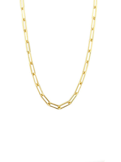 The Sterling 24" Link Necklace - Gold Plated, featuring an elegant design of elongated oval-shaped links, is gracefully displayed against a plain white background and secured with a lobster claw clasp.