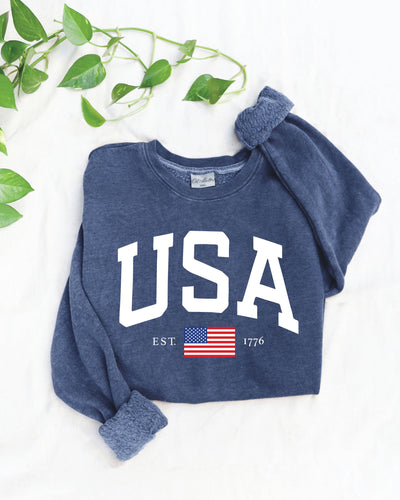 The USA EST.1776 Mineral Washed Graphic Sweatshirt in Vintage Denim is folded, showcasing a bold USA graphic, "EST. 1776," and a small American flag, with green plant vines visible in the upper left corner.