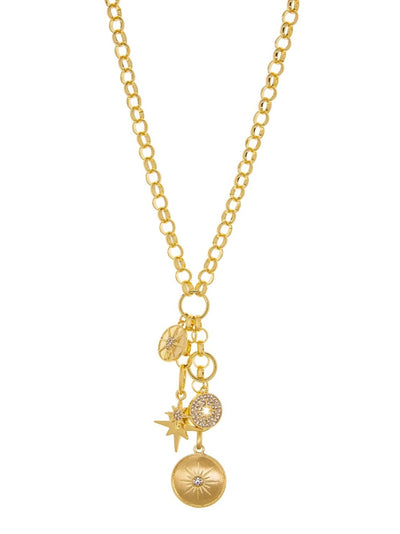 The Rolo Link Charms Necklace - Gold is a stunning piece featuring celestial charms and distinctive star-shaped pendants with intricate designs and small embedded stones, elegantly hanging from the lower end of the radiant gold chain.