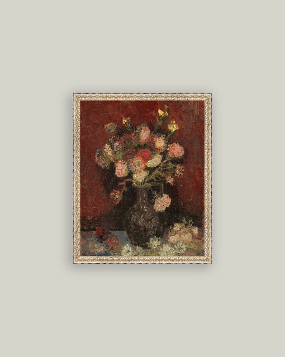 Chinese Asters and Gladioli Framed Antique Art - 5x7