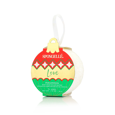 The Spongellé Holiday Ornament - Love is a round body wash infused buffer with a persimmon scent, making it an ideal gift for the holiday season. With its festive red, green, and gold design and a size of 1.5 oz, it's perfect as a stocking stuffer and provides multiple delightful uses.