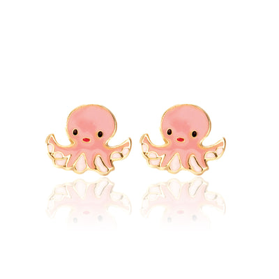 A pair of adorable pink enamel octopus stud earrings by Girl Nation from the Cutie Enamel Studs collection. Each earring features a smiling octopus with gold-toned outlines, tiny black eyes, and a cheerful expression, reflecting a playful and vibrant design.