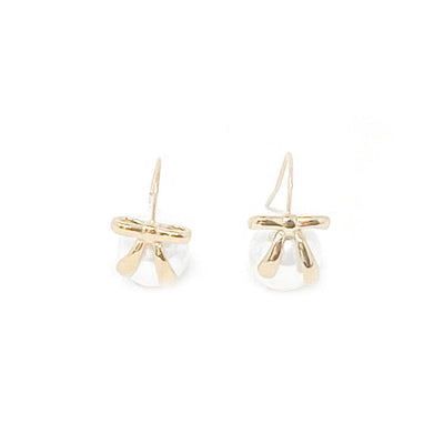 Non-Tarnish Bow Accent Pearl Drop Earrings - Gold Filled earrings on white background.