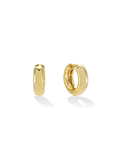 Two gold-plated huggie hoop earrings, closed showcasing their polished finish and minimalist curved design.