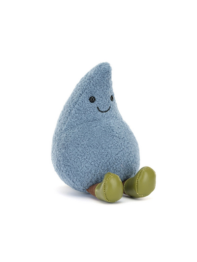 A soft blue Jellycat Amuseables Happy Raindrop plush toy with a teardrop-shaped body, embroidered black eyes, a smiling mouth, and tiny green boots, sitting upright against a white background.