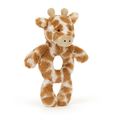 Front-facing Jellycat Bashful Giraffe Ring Rattle with a round opening in the body, a gentle giraffe face, and beige horns.