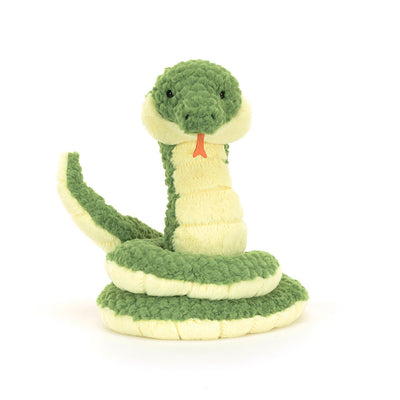 Front-facing Jellycat Cizi Snake plush perched in a coiled position, featuring a round green head, cream belly segments, and an orange tongue.