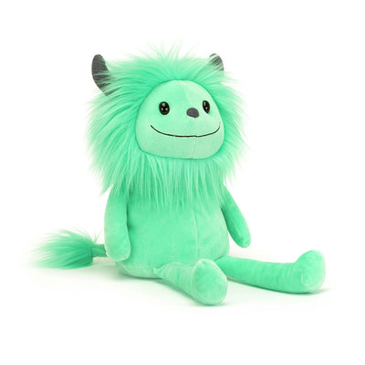 Front-facing green Jellycat Cosmo Monster plush toy, with a friendly smile, fuzzy mane, and adorable black horns.