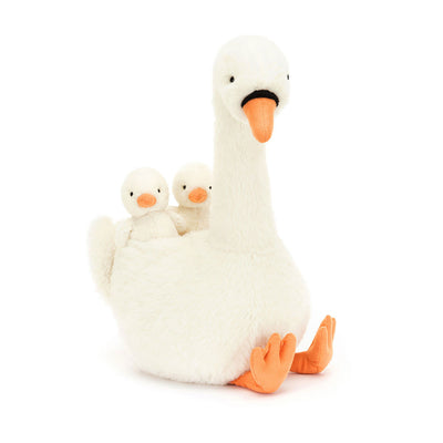 Front-facing Jellycat Featherful Swan plush, sitting upright with two baby cygnets nestled on its back, all sporting orange webbed feet.