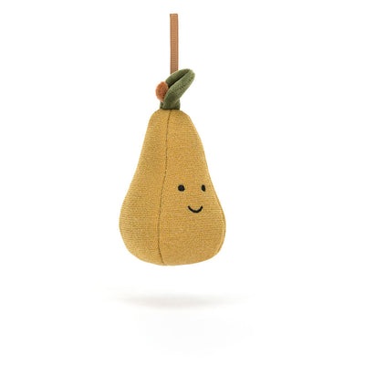 Front-facing Jellycat Festive Folly Pear plush ornament with a friendly embroidered face, a loop for hanging, and a soft fabric leaf at the top.