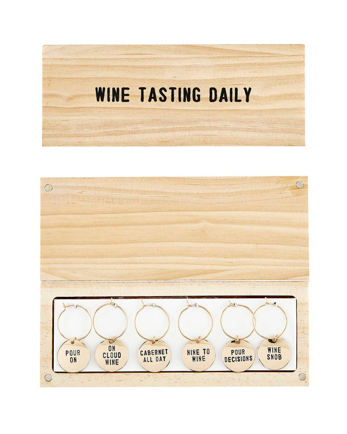 Gold Wine Charms in Pine Box - Wine Tasting Daily