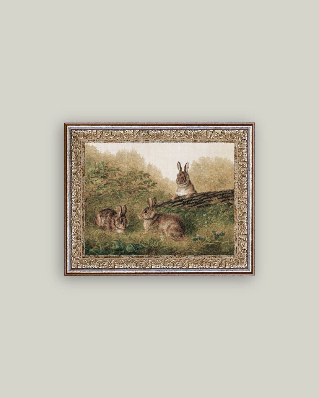 Rabbits on a Log Framed Antique Art - 7x5