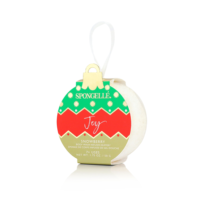 The Spongellé Holiday Ornament - Joy, designed like a Christmas ornament with a festive red, green, and gold holiday appearance and "Joy" printed on the front, is an ideal stocking stuffer. Its built-in white rope at the top makes it easy to hang, making it a perfect gift for the holiday season.