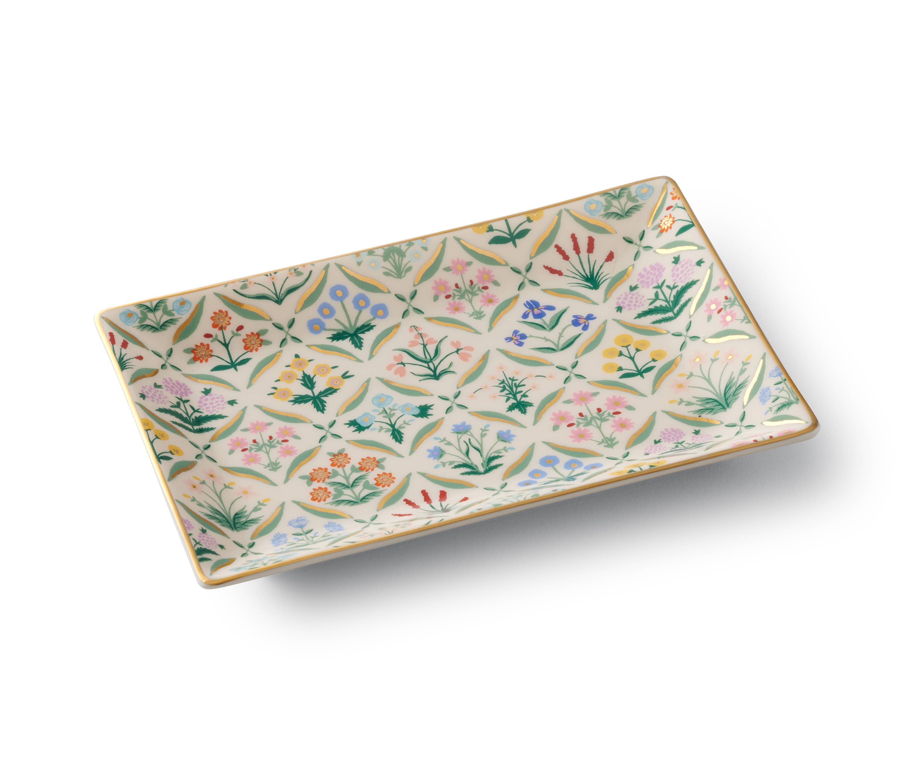 The Estee Catchall Tray is a rectangular porcelain dish with a cream background, hand-painted floral design in vibrant hues of red, yellow, blue, green, and orange, and finished with a gold trim—ideal for organizing your essentials.