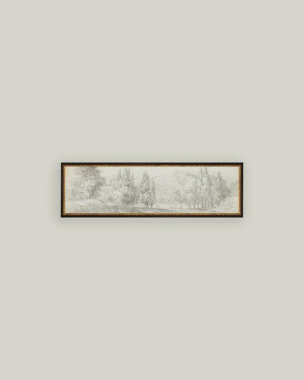 Country Meadow Sketch Framed Antique Art - 32x10