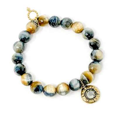 Powerbeads by Jen Autumn Caramel Latte Tiger Eye with Grey Crystal on white background.